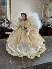 Victorian Christmas Angel Tree Topper Gold Ivory Lace Embroidered Gown 12” Tall