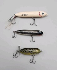 3 Vintage Heddon Lures Baby Torpedo, Super Spook Jr And Zara Puppy ALL NEW HOOKS