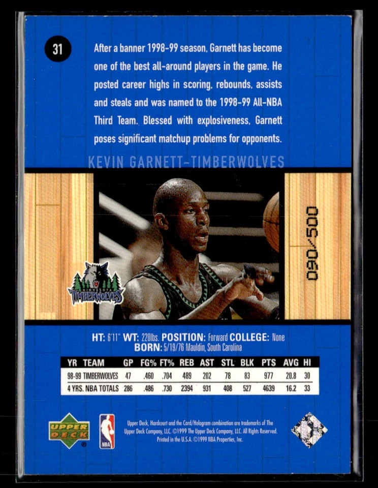 1999-00 Upper Deck Hardcourt #31 Kevin Garnett Baseline Grooves Rainbow #/500 - Image 2 of 2