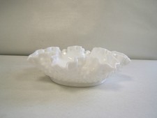 Fenton Art Glass White Hobnail Ruffled Edge Candy Dish Vintage VGC w/ Sticker