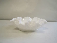 Fenton Art Glass White Hobnail Ruffled Edge Candy Dish Vintage VGC w/ Sticker