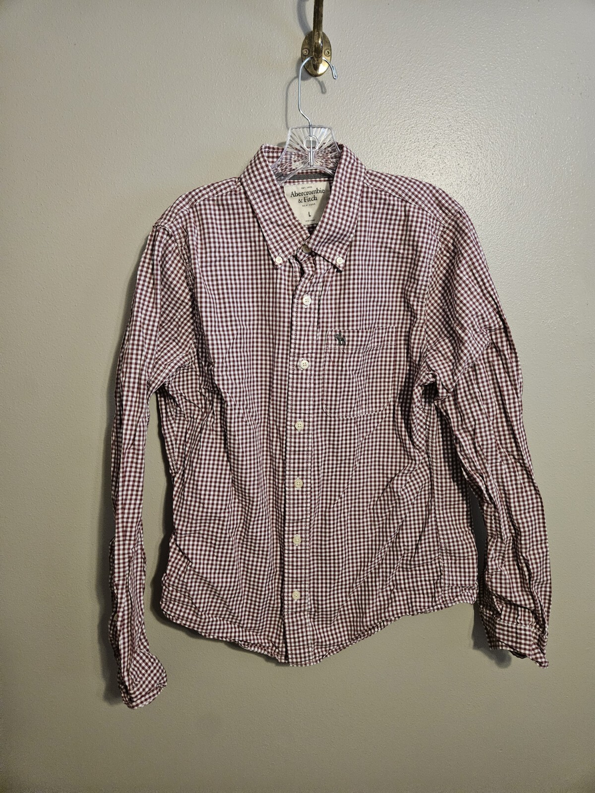 Abercrombie Fitch Red White Check Plaid Muscle Shirt Long Sleeve Large