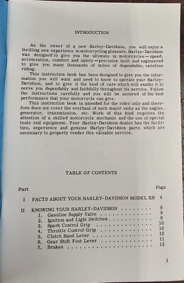 VTG 1950s Harley Davidson K Model KH Riders Handbook Owners Manual