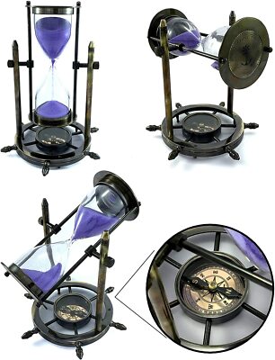 Brass Antique Sand Timer Hourglass Nautical Compass Base Wheel Desk Décor Gifts 