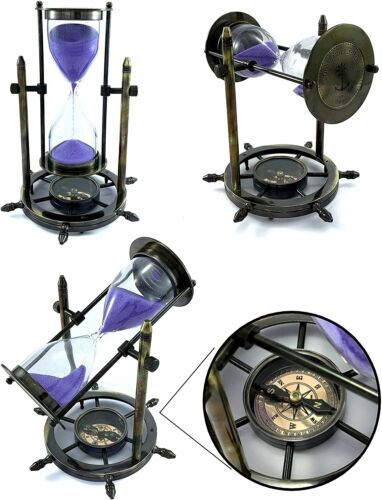 Brass Antique Sand Timer Hourglass Nautical Compass Base Wheel Desk Décor Gifts  - Afbeelding 1 van 6