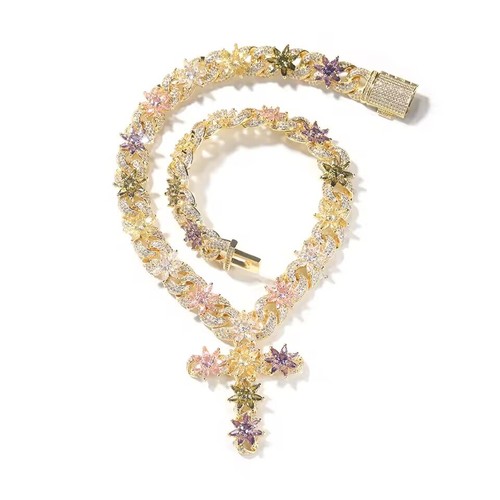 Colorful Flower Cuban Chain Full Paved Iced Out Bling Cubic Zirconia Cross Charm - Picture 10 of 13