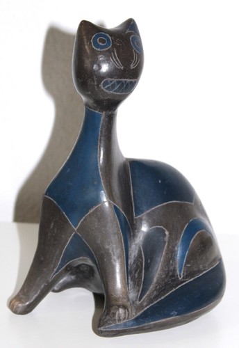 Manuel Felguerez Barra CAT Figurine Black Pottery w Blue Mid Century - Picture 2 of 8