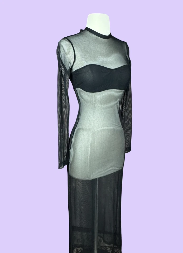 Victoria's Secret XS Black Sheer Gown Vintage 1990s Slip Dress Fish Net - Image 2 of 4
