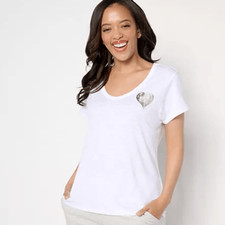Bumblebella by Jill Martin Women XS Soft Slub Slouch V-Neck Foil Tee White NWOT)
