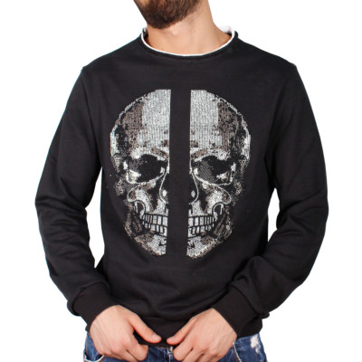 Felpa Uomo Maglia Felpata Nero Casual Girocollo Strass Teschio Cotone  SARANI | eBay