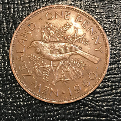 HIGH GRADE XF/AU 1960 NEW ZEALAND ONE PENNY COIN-TUI BIRD-MAY222