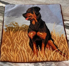 Needlepoint Wool & Cotton Pillow Cover Rottweiler Dog Brown Velvet Back BxQ
