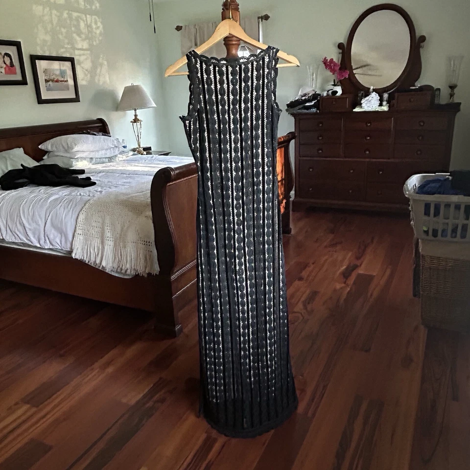 Maxi Vestido Sin Mangas Vintage Años 90 Avant Garde Cynthia Rowley Negro Hecho a Mano Talla Pequeña  Foto 2 de 4