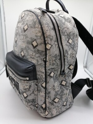 MCM Vintage Monogram Jacquard Canvas Backpack Gray Black Leather  