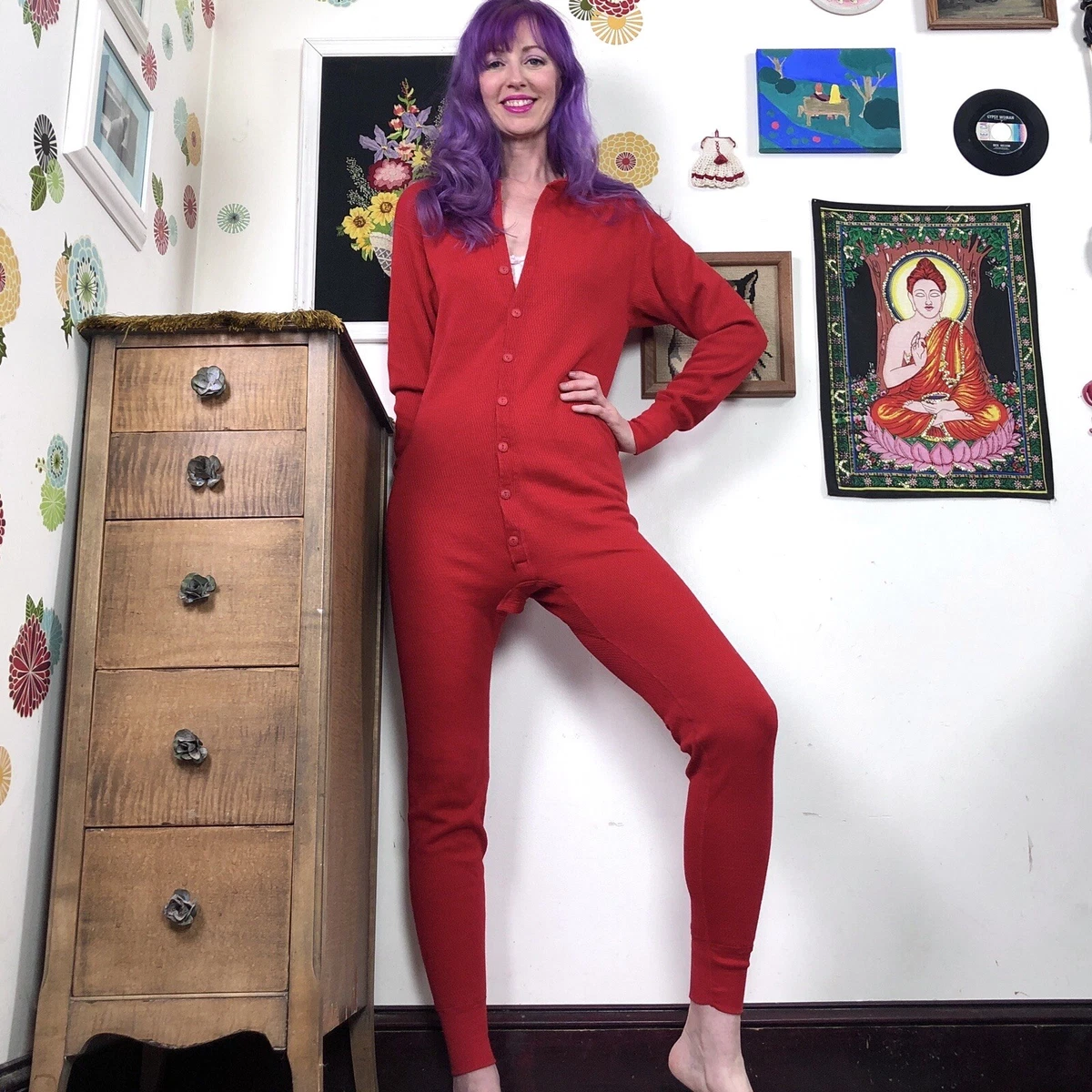 Vintage Red Union Suit, Waffle Weave Long Johns Thermal Underwear