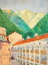 Vintage impressionist watercolor painting mountain landscape monastery