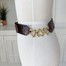 Vintage 80s Express Embossed Brown Leather Heart Chain Belt Size S/M