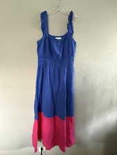 LOFT Dress Womens XL Blue Pink Colorblock Smocked Ruffle Strap Maxi Sundress