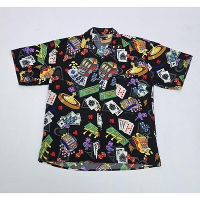 Andrade Mens XL Vintage Casino Gambling Novelty Print SS Button Down Shirt Black