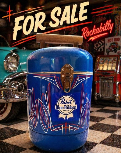 1970s PABST BLUE RIBBON VINTAGE COOLER W/ Custom Pinstripe Design! One Of A Kind