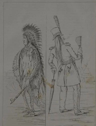 Antique 1840's Native American Engraving Art Assiniboine tribe Ah-jon-jon