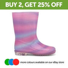 Girls Wellies Pink Kids Lilac Welly Slip On Wellington Rainbow Glitter SIZE