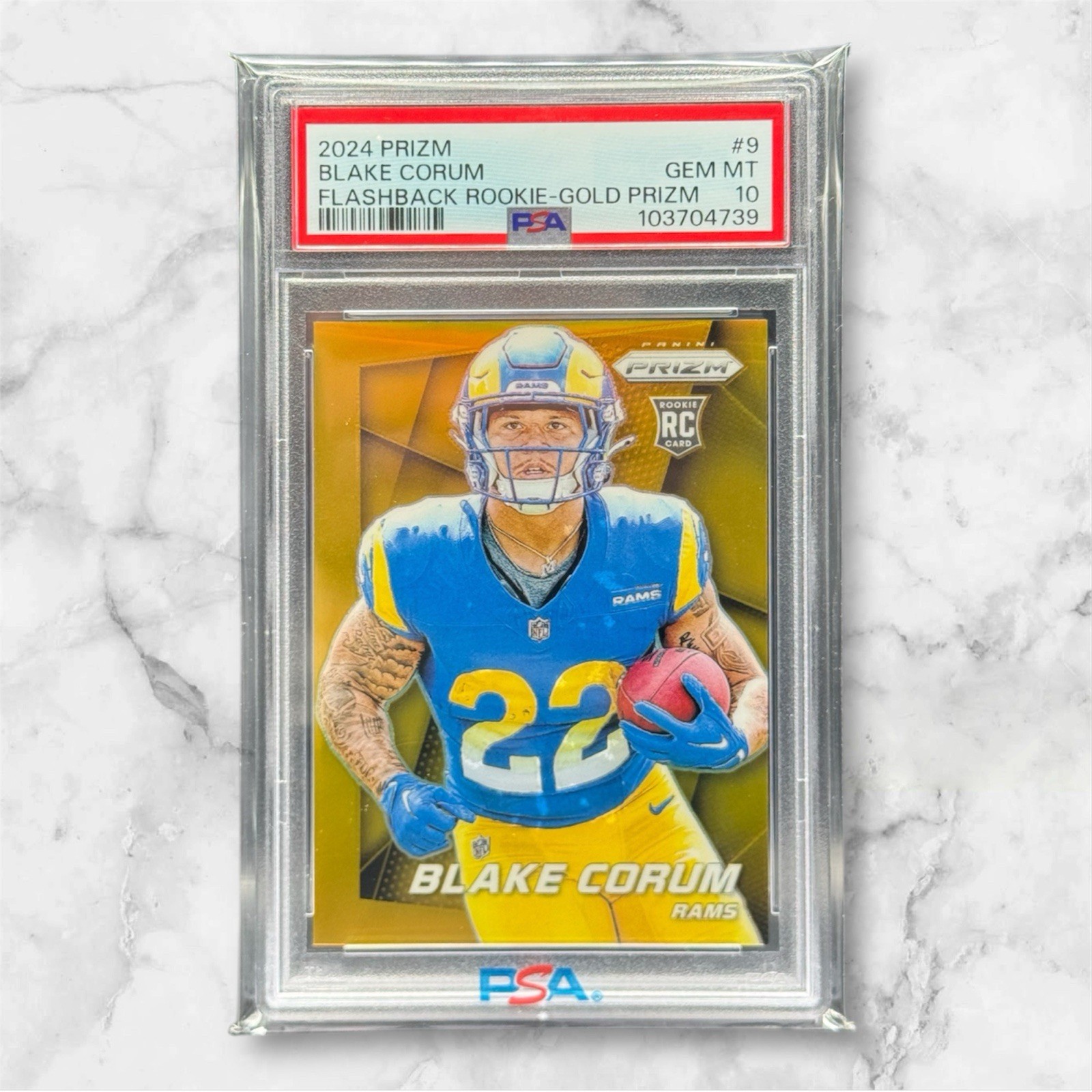Blake Corum 2024 Flashback Rookie RC Gold Refractor /10 Prizm #9 PSA GEM 10