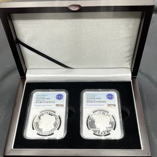 2 coin set 2023-S  proof Morgan and Peace Silver Dollars NGC  PF 70 with CASE