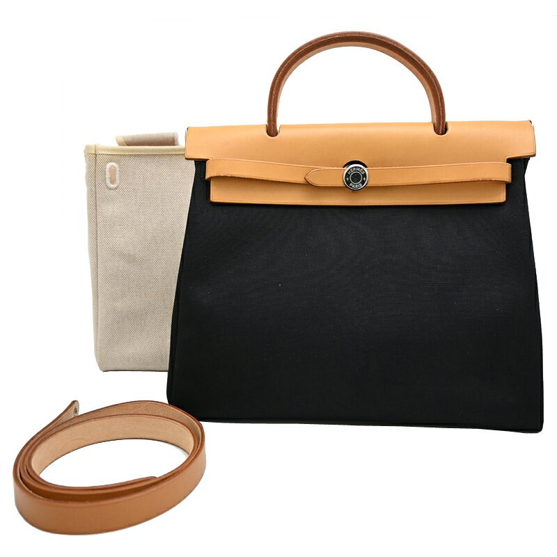 Hermes Herbag PM Handbag Shoulder Bag Black Toile Officier Canvas Leather 99