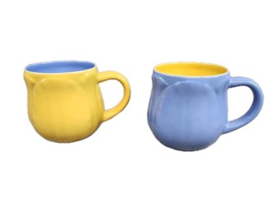 Vintage Hallmark Spring Tulip Flower Coffee Mugs Blue / Yellow - Set Of 2