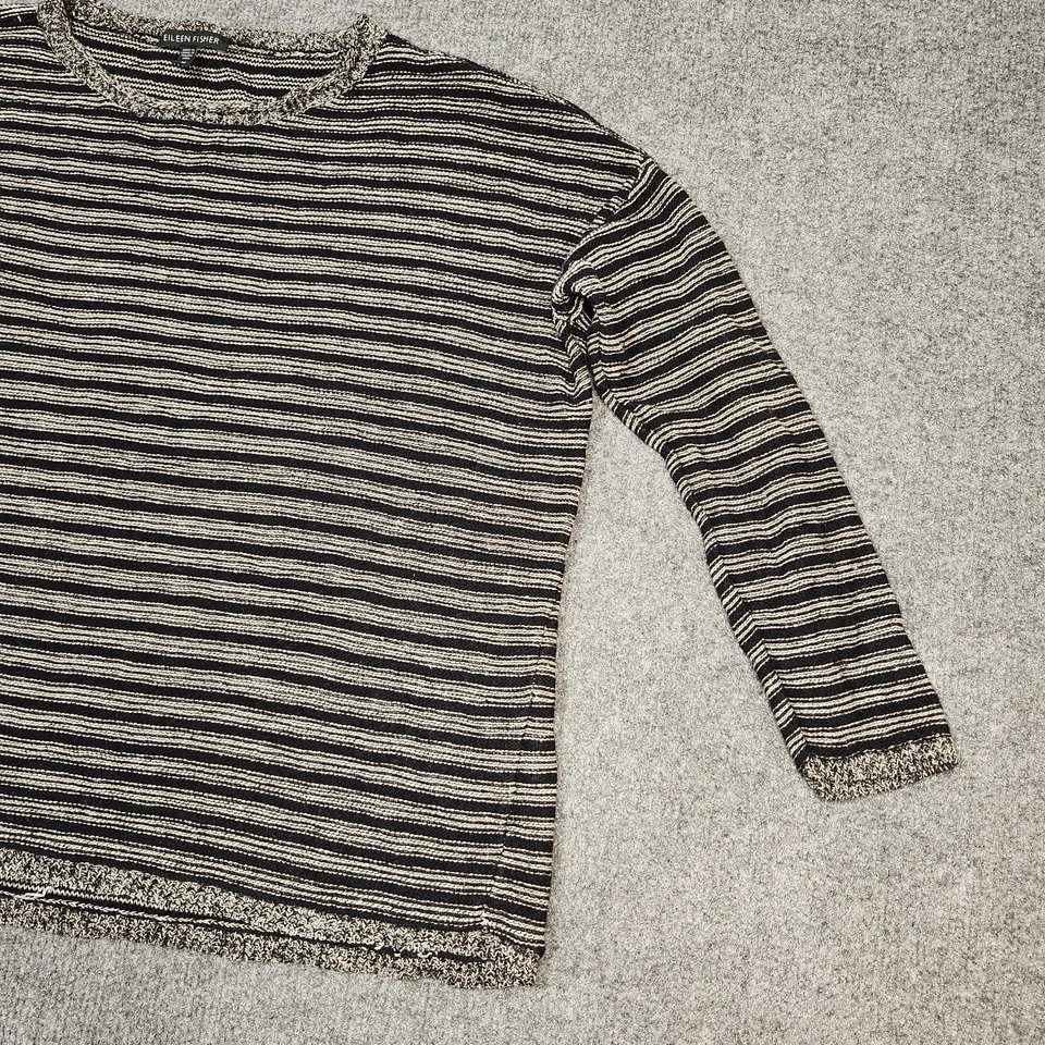 Suéter Eileen Fisher Mujer Mediano Negro Rayas Lana Lino Cuello Redondo Pullover Foto 2 de 4