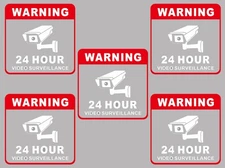 24 Hr Video Surveillance Warning Sign Window Decals, 6 x 6 Inches, Pack of 5,...