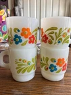 Vintage Fire King Floral Festival Milk Glass Stacking Mugs Set Of 4