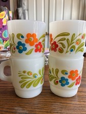 Vintage Fire King Floral Festival Milk Glass Stacking Mugs Set Of 4