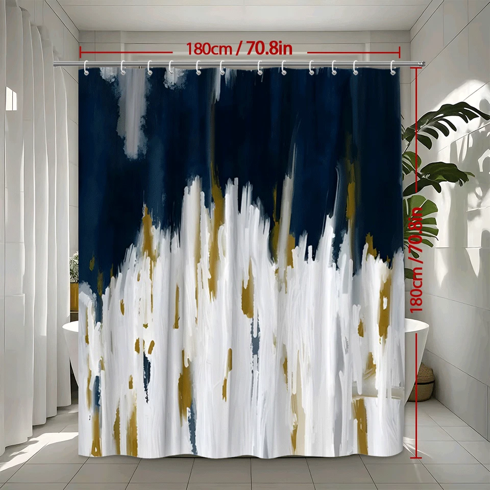 Moderna cortina de ducha abstracta pincelada pintura artística dorada blanca azul marino Foto 4 de 4
