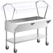 Stainless 4 Pan Ice-Cooled Food Table w/ 2-Sided Sneeze Guard and 5" Casters