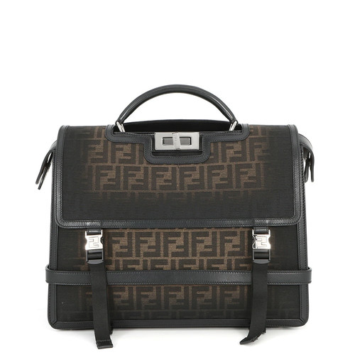 Fendi Peekaboo Zucchino Canvas Leather Black Bag 7VA599 Handbag with Box #TZB826