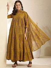 Women's Pure Cotton Block Hand Print Mustard Anarkali Kurta Set with Dupatta Eid