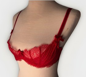 Agent Provocateur L&rsquo;Agent Red Lace Underwire Bra 32C Sheer Unlined Bow Detail
