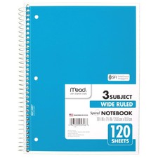 Spiral Notebook, 3 Subject, Wide Ruled Paper, 7-1/2" x 10-1/2", 120 Sheets, C...