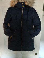 H&M mama XS 6 Maternity Coat Jacket Parka Navy Blue Drawstring Waist, Faux Fur 
