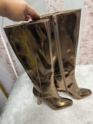 Gold Metallic Knee High Cone Heel Boots Synthetic Women
