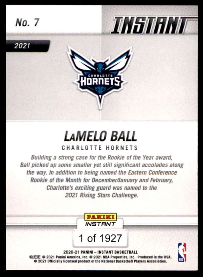 LaMelo Ball 2020-21 Panini Instant Rising Stars #7 RC Hornets - Image 2 of 2