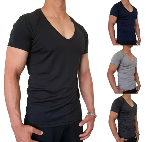 MENS DEEP V NECK T SHIRT QUICK DRY POLYESTER SLIM FIT S - XXL EURO CASUAL MUSCLE