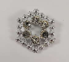 VTG Wreath Brooch Clear Glass Rhinestones Dimensional Open Back Silver Tone 1.75