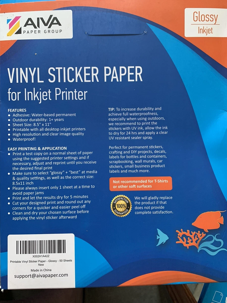 Aiva Vinyl Sticker Paper Water Resistant Glossy Paper Inkjet Printer 50  Sheet | eBay
