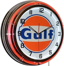 19" GULF Gasoline Motor Oil Gas Station Sign Double Neon Clock No Nox Gulftane