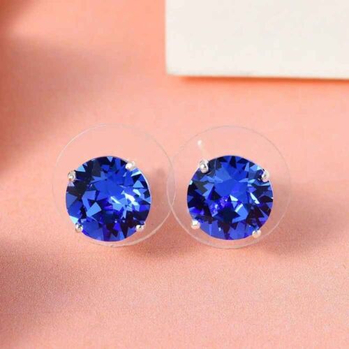 Created Blue Sapphire Sterling Silver Womens Round Stud Earrings - Picture 3 of 7