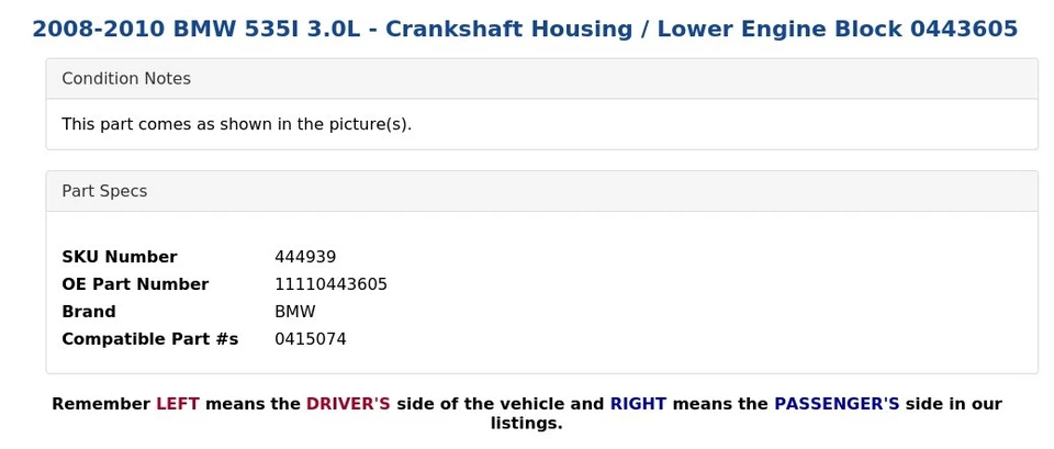 BMW 535I 2008-2010 3,0 L - Carcasa del cigüeñal/bloque inferior del motor 0443605 Foto 4 de 4