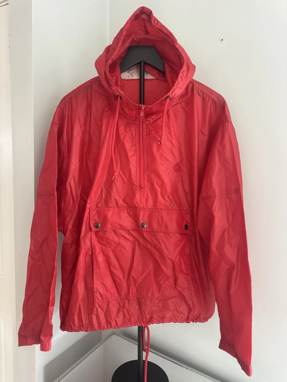 IZOD Red Nylon Hooded Pullover Windbreaker Jacket L Half Zip Logo Vintage 90s